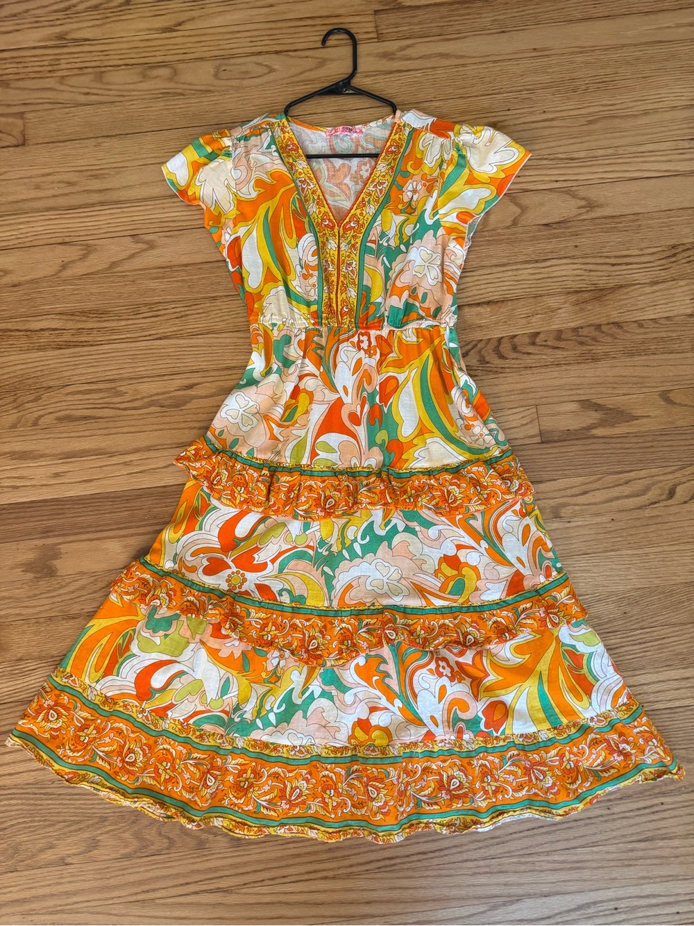 French Cotton Citrus Hue Vibrant Paisley & Floral Dress with Ruffle Tiers